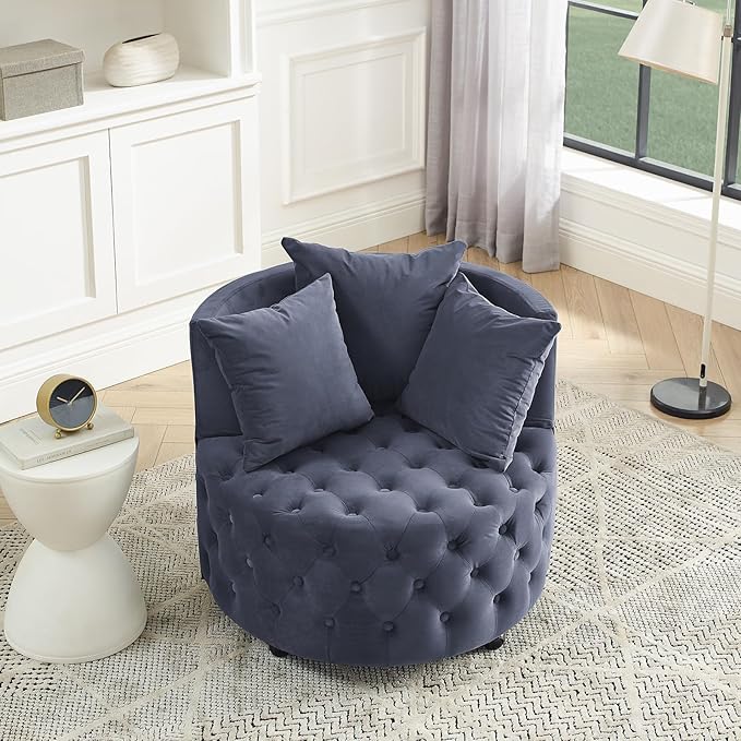 360° Swivel Accent Barrel Chair Velvet Comfy Round Chair with Button Tufted Design &amp 4 Moveable Wheels Upholstered Modern Lounge Reading Chairs for Living Room Bedroom Apartment Clubs(Grey)