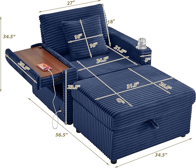 Modern Corduroy Cloud Chaise Lounge Chair with Ottoman Storage USB Ports &amp Wooden Side Table – 34.5 Comfortable Reading Chair for Living Room Bedroom &amp Home Office Reading Room Blue