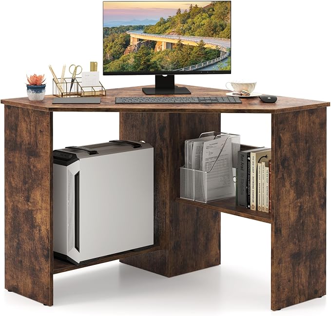 NAFORT Triangular Corner Desk with Storage Shelves and Cable Holes Space Saving Writing Desk Multi Functional Workstation for Home Office Bedroom PC Laptop Computer Table Brown