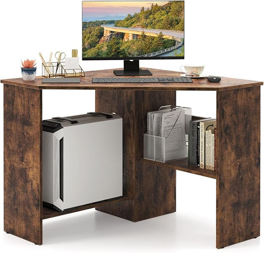 Giantex Corner Desk Space-Saving Triangle Computer Desk with Storage Shelves &amp CPU Stand Modern Makeup Vanity Table for Bedroom Writing Desk for Small Spaces (Rustic Brown)