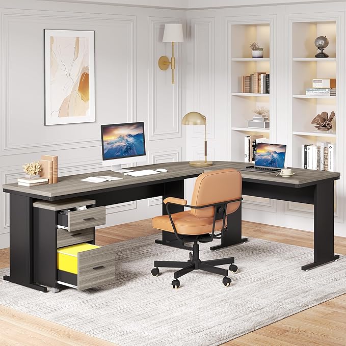 Tribesigns 83 L-Shaped Executive Desk Large Office Desk with Drawes Industrial Corner Computer Table with File Cabinet Business Workstation for Home Office (Gray 83)