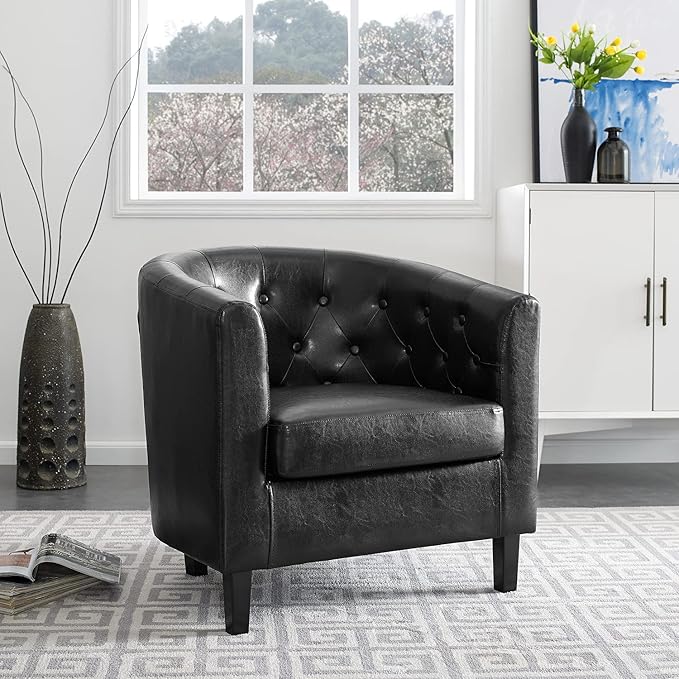 Naomi Home Emma Faux Leather Barrel Accent Chair – Modern Tufted Faux Leather Armchair with Wooden Legs Wide Seat Enhanced Back Support for Living Room Décor