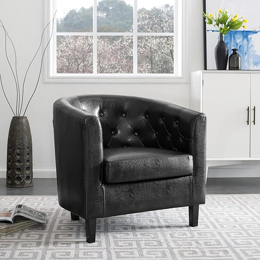 Naomi Home Emma Faux Leather Barrel Accent Chair – Modern Tufted Faux Leather Armchair with Wooden Legs Wide Seat Enhanced Back Support for Living Room Décor