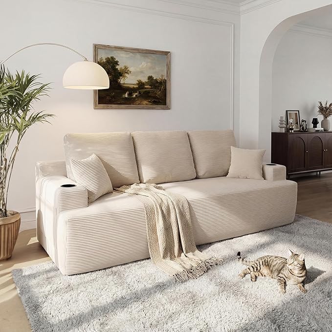 87 Modern 3-Seater loveseat Sofa Comfy Deep Seat Boneless Couch with Plush Corduroy Fabric Built-in Cup Holders &amp Side Storage Pockets for Living Room Bedroom and Apartment