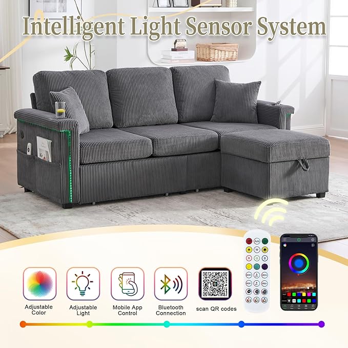 L-Shaped Sectional Sofa with Storage &amp Movable Ottoman Corduroy 3 Seater Sectional Couch with USB Charging Cup Holder &amp LED Light Couches for Living Room (Dark Gray 76.38)