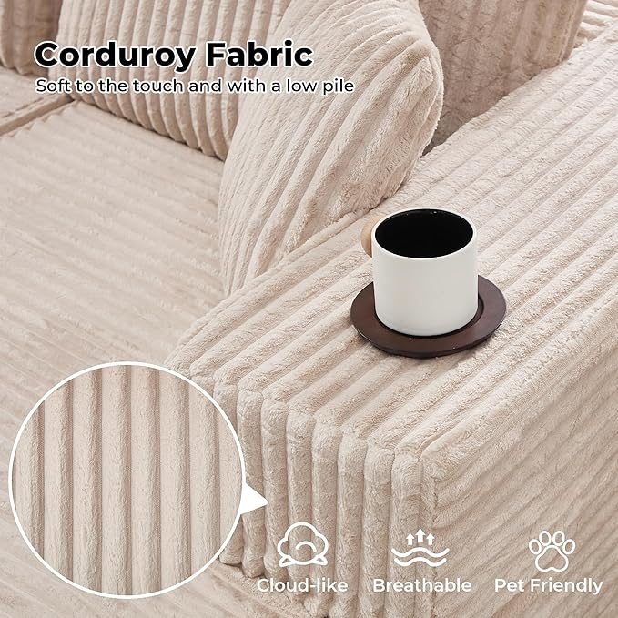 Boneless L-Shaped Modular Sectional Sofa 107 Modern Corduroy Upholstery Couch with Chaise for Living Room 3-Seater L Cloud Couches with Deep Seat No Assembly Left Facing Chaise Beige