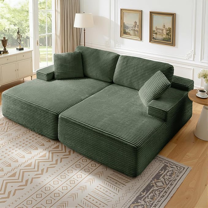 89.3” Oversized Double Chaise Lounge Indoor Green Corduroy Chaise Lounge Chair Upholstered Sleeper Sofa Bed Deep Seat Sleeper Loveseat Reading Chairs Boneless Cloud Couch for Living Room Bedroom