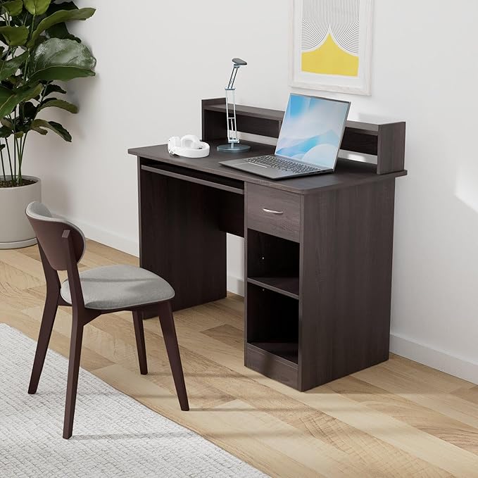 OneSpace Essential Computer Desk Modern Office Desk with Hutch and Pull-Out Keyboard Tray Grey Oak