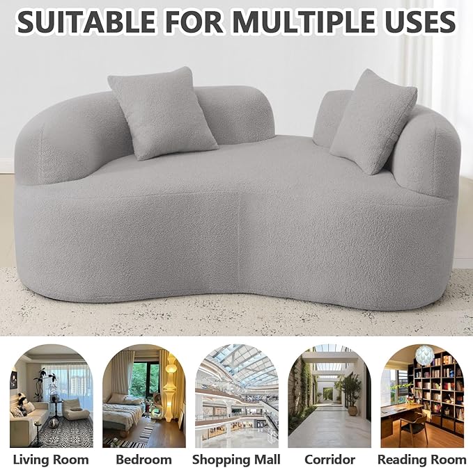 67 White Curved Loveseat with Round Armrest Round Couch in a Box Boneless Curved Sofa for Living Room Bedroom Small Space Teddy No Assembly Broken Design (Grey)