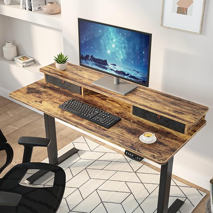 FEZIBO 55 x 24 Inch Whole-Piece Height Adjustable Standing Desk with Double Drawers Sit Stand Desk Stand Up Table (Send Two Packages) Rustic Brown Top