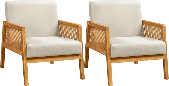 Yaheetech Accent Chair Modern Armchair with Wood Legs Mid Century Living Room Chair Linen Comfy Lounge Chair for Bedroom Reading Room Set of 2 Beige