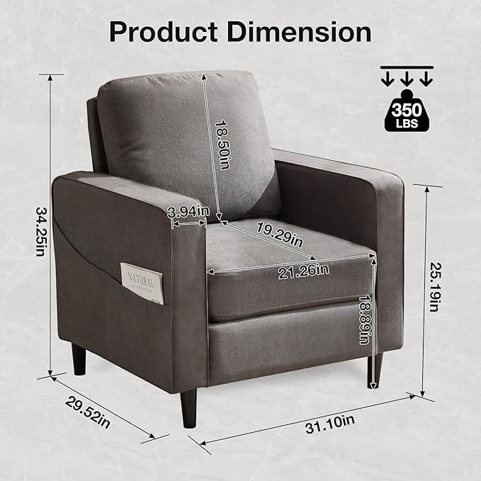 Mid Century Accent ChairModern Linen Fabric Armchair for Living RoomDouble Side Pockets Comfortable and Padded Reading Feature Sofa Chair Suitable for bedrooms Living Rooms and Offices(1 Pcs