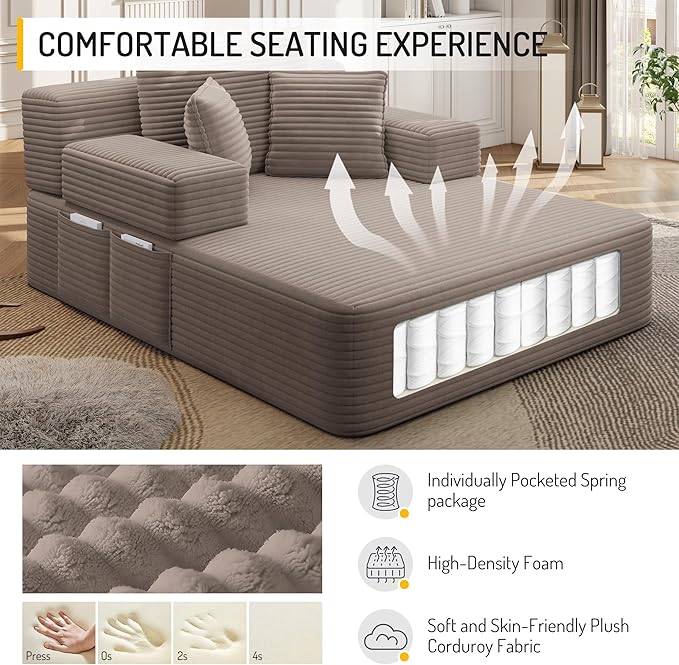 Oversized Convertible Chaise Lounge Chair Indoor Corduroy Upholstered Boneless Sleeper Sofa Bed with Side Pockets Modern Deep Seat Cloud Couch Reading Chairs for Living Room (Coffee)