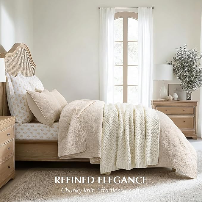 EVERGRACEHOME Chunky Chenille Knit Throw Blanket for Couch Soft Luxurious Moss Stitch Blankets for Bed Cozy Decorative Farmhouse Knitted Throws for Sofa Ivory White 60 x 80
