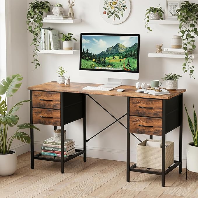 DUMOS Computer Desk 47 Inch with 4 Drawers Home Office Table with Mesh Shelf for Work Study Writing Gaming Storage Furniture for Bedroom Rustic Brown