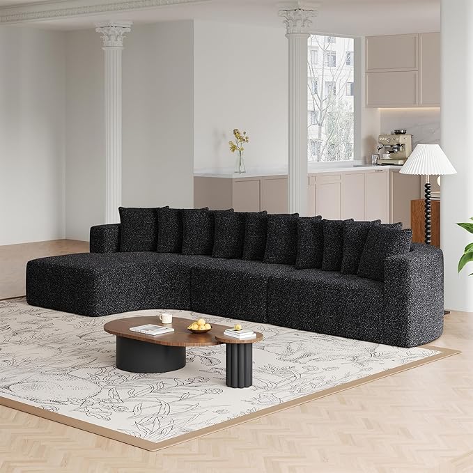 131” Oversized L Shaped Couch with Left Facing Chaise Corner Curved Modular Sectional Sofa with 10 Throw Pillows Chenille Memory Foam Compressed Sleeper Sofa Couch for Living Room Office Black