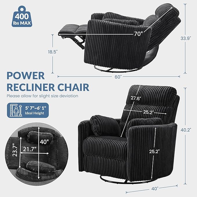 GRAINELL Oversize Power Swivel Recliner 40in Wide Electric Glider Rocking Chair with Headrest Adjustment USB Port 270° Swivel Rock 30° – for Living Room Nursery Black (5 7' to 6 1' Height)