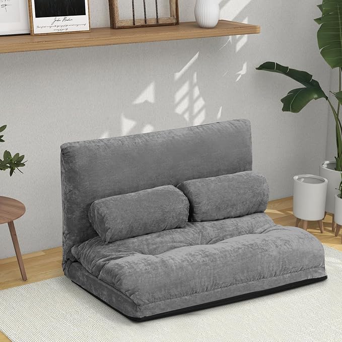KOMFOTT Foldable Floor Lazy Sofa with 2 Pillows 6-Position Adjustable Reclining Sofa Sleeper Bed Convertible Futon Couch Bed Floor Couch Lounge for Relaxing Reading Playing Gaming (Grey)