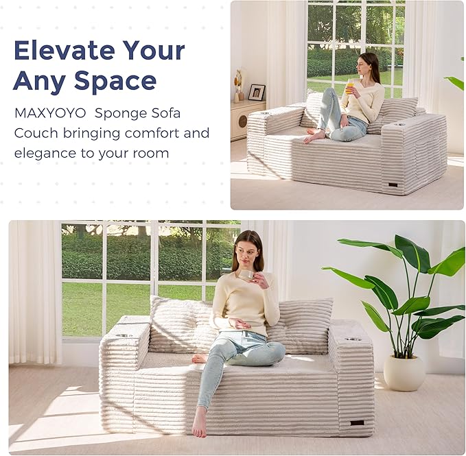 MAXYOYO 63 Boneless Loveseat Sofa Couch for Small Spaces Mini Love Seat Floor Couch with Cup Holders and Pillows 2-Seater Upholstered Cloud Couch for Bedroom Apartment No Assembly Required