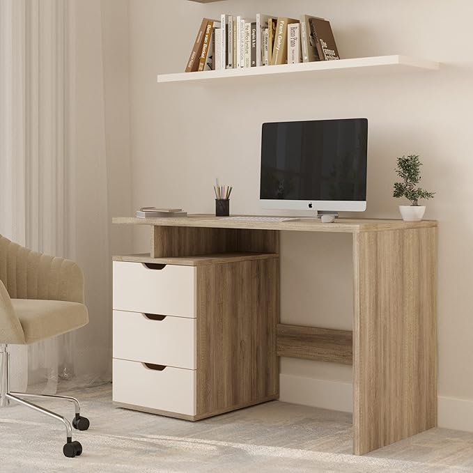 Computer Desk - Contemporary Desk with Attached 3-Drawer File Cabinet - for Home Office Bedroom Computer or Craft Table by Lavish Home (White)