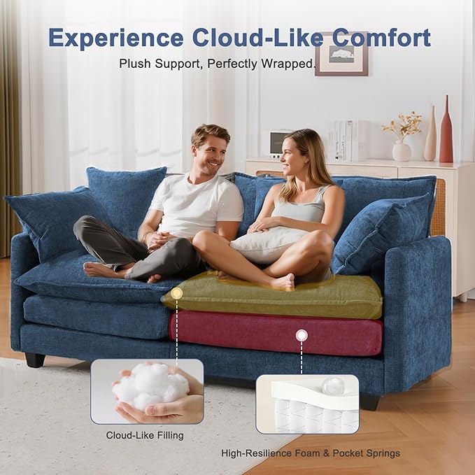 77 Loveseat Sofa Couch｜Small Cloud 2-Seater Sectional Sofa with 29.1 Deep Seat｜FSC Certified Solid Wood &amp Metal Frame｜Easy Assembly &amp 1YR Guarantee｜for Apartment Living Room Bedroom｜Blue