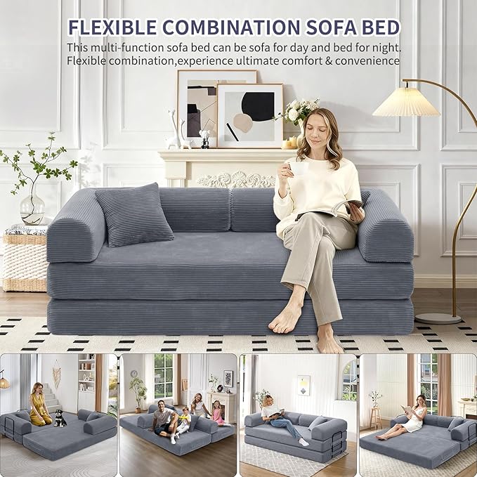 Convertible Sleeper Sofa Bed 1600lbs Weight Capacity Floor Sofa Bed with Fixed-Shape Frame Corduroy Foldable Couch for Small Space Lounge Mattress for Living Room Apartment Game Room (Dark Grey)