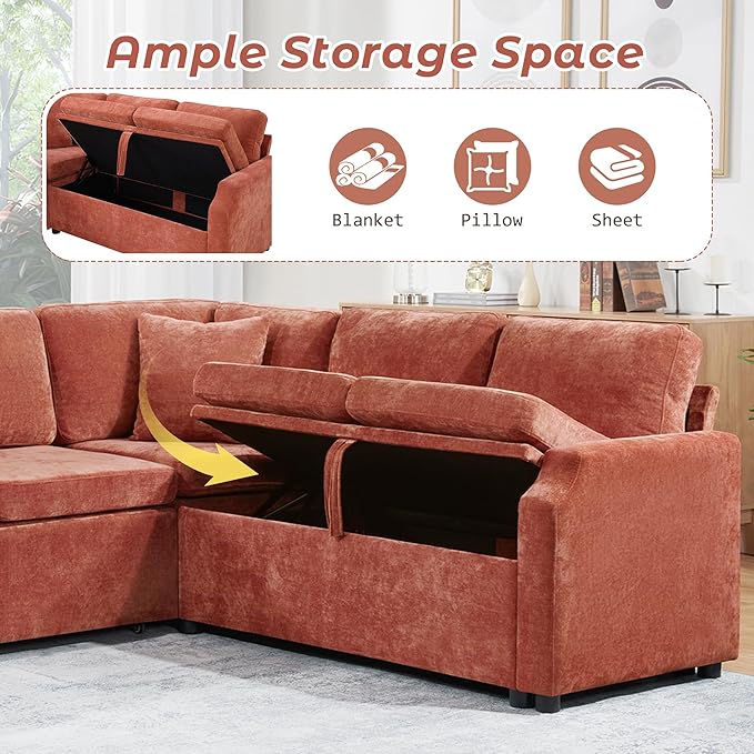 81.9 Sectional Sofa Convertible Pull-Out Sofa Bed Upholstered L-Shaped Sofa Couch with a Sofa Sleeper and a Hidden Storage Compartment for Living Room Apartment (Orange-7.2)