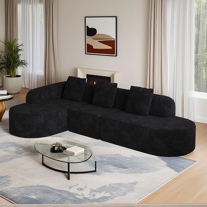 2 Piece 111.8“ Boneless L-Shaped Curved Modular 6-Seater Sofa Right Chaise Lounge Featuring Lychee-Textured Long-Pile Polyester Fabric Curved Backrest with Three Pillows