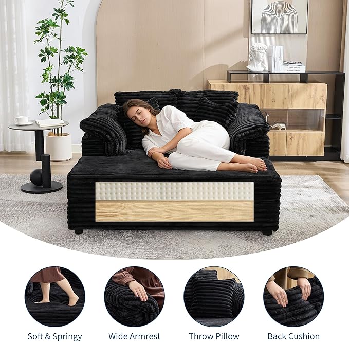Oversized Chaise Lounge Chair Indoor Upholstered Sofa Bed with Throw Pillows and Armrests Comfy Corduroy Sleeper Couch with Cup Holders and Charging Port for Living Room Bedroom 60 Inch Wide Black