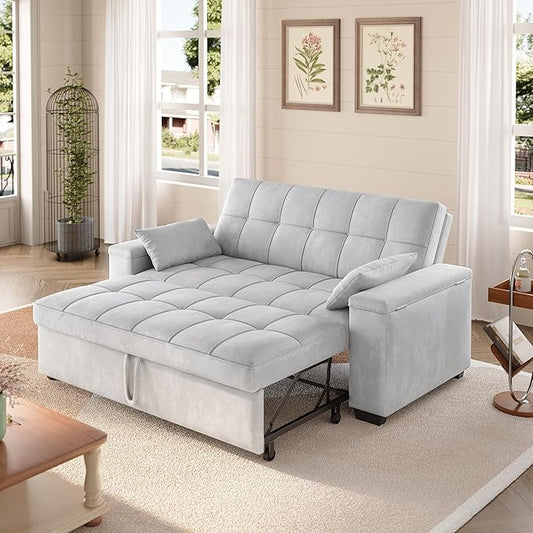 Gizoon Convertible Sofa Bed Futon Queen Size Sleeper Loveseat with Pull Out Couch 3 in 1 Velvet Fabric Futon Couch with Side Pockets Storage Armrest &amp Adjustable Backrest for Living RoomLight