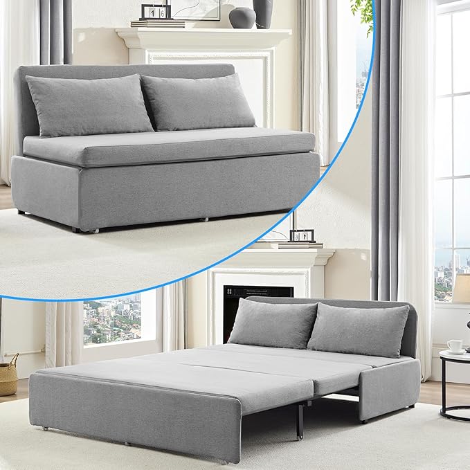 PUREMIND Queen Size Pull Out Sleeper Sofa Bed Linen Convertible Sofa Bed with Foldable Mattress Loveseat Couch Pull Out Bed with 2 Cushions for Small Place Apartment Office Light Grey