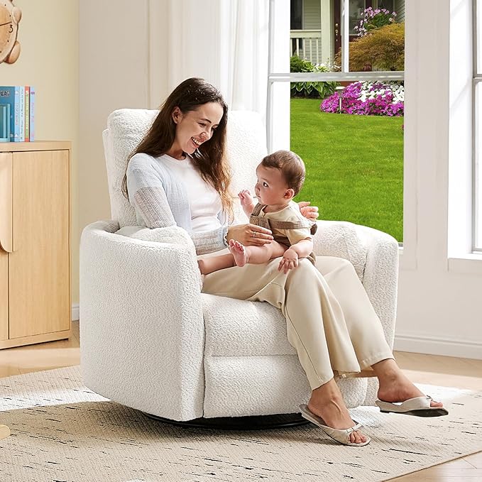 Jocisland Power Recliner Nursery Chair for Adults Electric Swivel Rocking Glider with USB &amp Type-C Charge Teddy Sherpa Armchair with 2 Pillows Cozy Reclining Sofa for Living Room Bedroom Whit