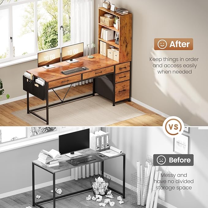 SEDETA Computer Desk with 5 Drawers and Bookshelf Reversible Home Office Desk with Storage Shelves and File Drawer Gaming Corner Desk with LED Lights for Small Spaces Rustic Brown