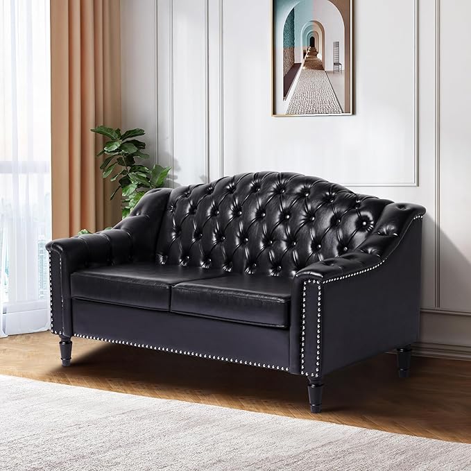 AVZEAR Chesterfield Loveseat Sofa Mid-Century Modern Upholstered PU Sofa 2 Seater Couch with Nailhead Trim and Button Tufted for Living Room Office Bedroom Black