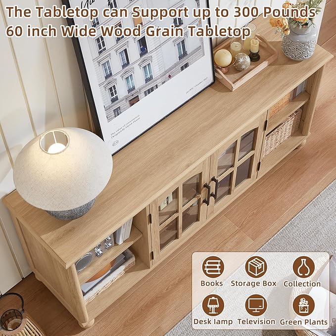 Farmhouse TV Stand for 60 Inch TV Wood Entertainment Center with Glass Door Storage Cabinet &amp Adjustable ShelvesTelevision Stands for 65 TVS TV Console Table for Living RoomBedroomNatural