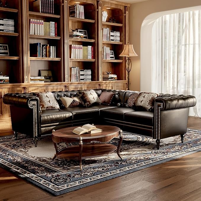 85 Chesterfield Sectional Sofa L Shaped Convertible Faux Leather Couch with Tufted Nailhead &amp Rolled Arms 5-Seater leather sectional couches for living room Apartment Office Classic Black