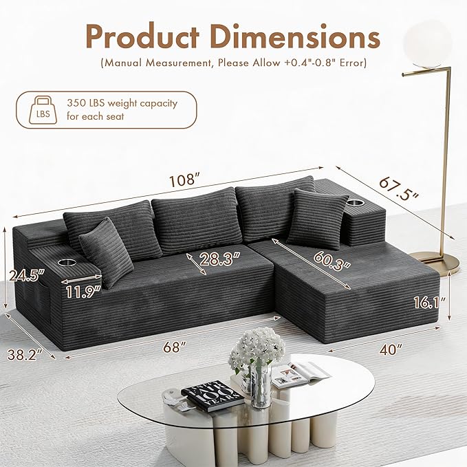 Realbear 108 Cloud Sectional Couch Sofa with L-Shape Chaise Modular Sectional Couch with Deep Seat for Living Room Bedroom No Assembly Required (Gray 108 Right Facing Chaise)