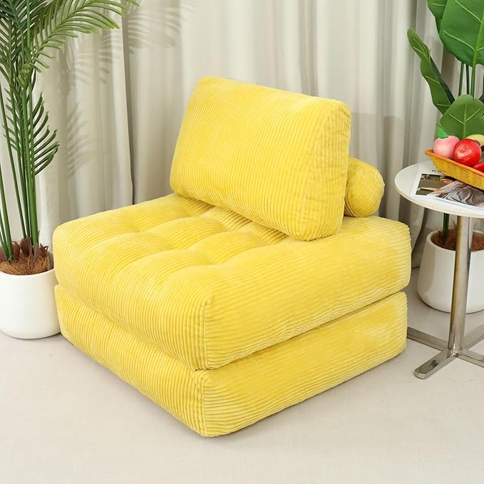 Yellow Folding Sofa Bed - Convertible Sleeper Chair with Pillow &amp Back Support Comfy Foldable Mattress Portable Futon Fold Out Chair Bed for Living Room/Bedroom/Apartment
