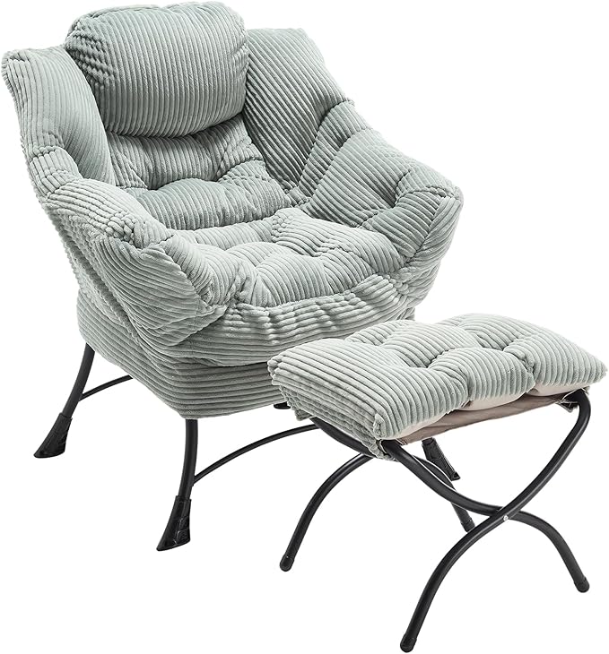 Ergonomic Modern Lazy Chair with Ottoman - Comfy Upholstered Lounge Reading Armchair with Footrest Space-Saving Accent Chair for Living Room Bedroom Office (Light Green)