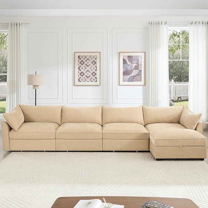 Aoowow Modular Sectional Sofa with Pullout Storage Seat 146.4” L-Shaped Chenille 4-Seat Sofa Couch with Storage Ottoman Upholstered Deep Couches for Living Room Apartment OfficeWheat