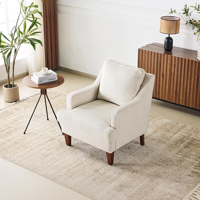 VINGLI Mid-Century Accent Chairs Beige Upholstered Armchair Comfy Sofa Chair Reading Chair High Back Living Room Bedroom Furniture for Apartment