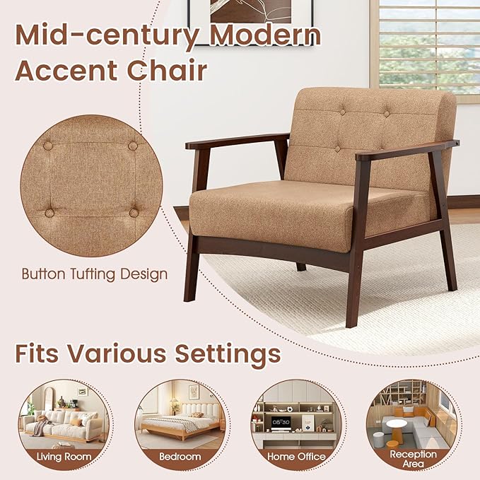 GORELAX Fabric Accent Chair Upholstered Side Lounge Armchair with Wood Frame &amp Tufted Design Mid Century Modern Chair Comfy Reading Chair for Living Room Bedroom Office (1 Beige)