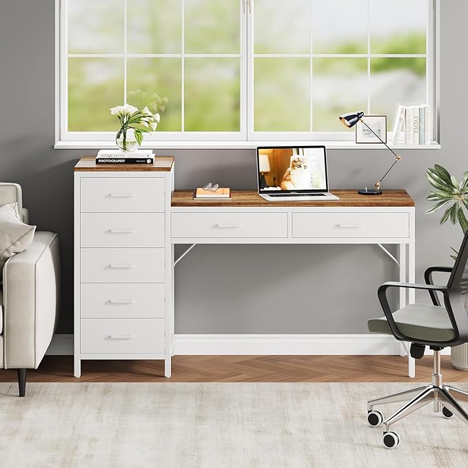 Computer Desk with Reversible Drawer 55 inch Home Office Desks with 7 Drawers Modern Compact Study Writing Table Workstation with Storage for Small Spaces Light Brown and White