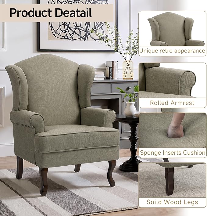 Pia Ricco High Back Floral Accent Chair Upholstered Fabric Armchair with Solid Wood Legs - Retro Living Room Reading Chair Comfortable Single Sofa Seat-Moss Grey