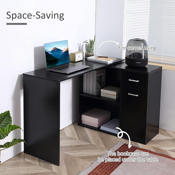 L Shaped Computer Desk 180° Rotating Corner Desk with Storage Shelves Drawer and Cabinet Study Workstation for Home Office Black