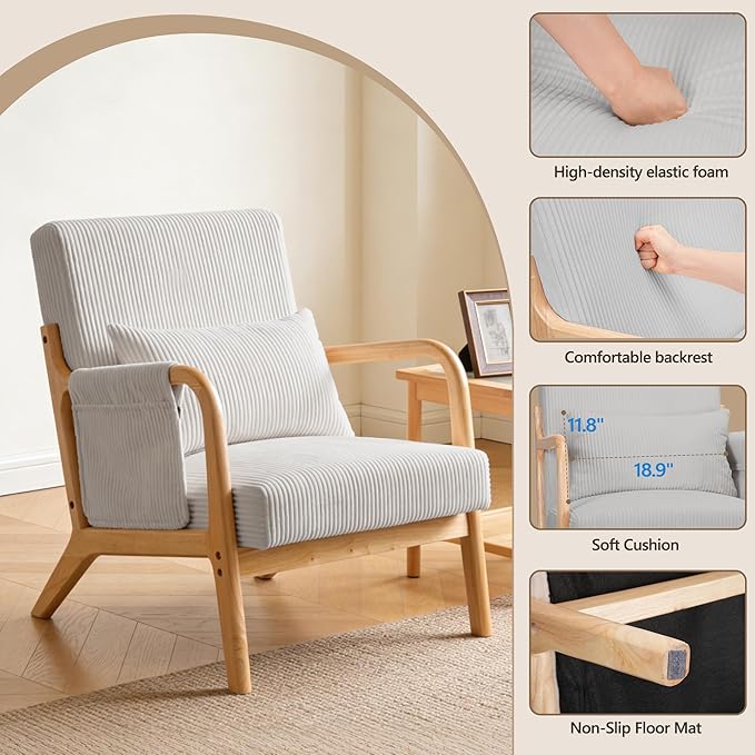 Mid-Century Modern Accent Chairs Upholstered Fabric Lounge Arm Chair with Storage Pocket Lumbar Cushion &amp Solid Wood Frame for Living Room Bedroom Balcony (Light Gray)