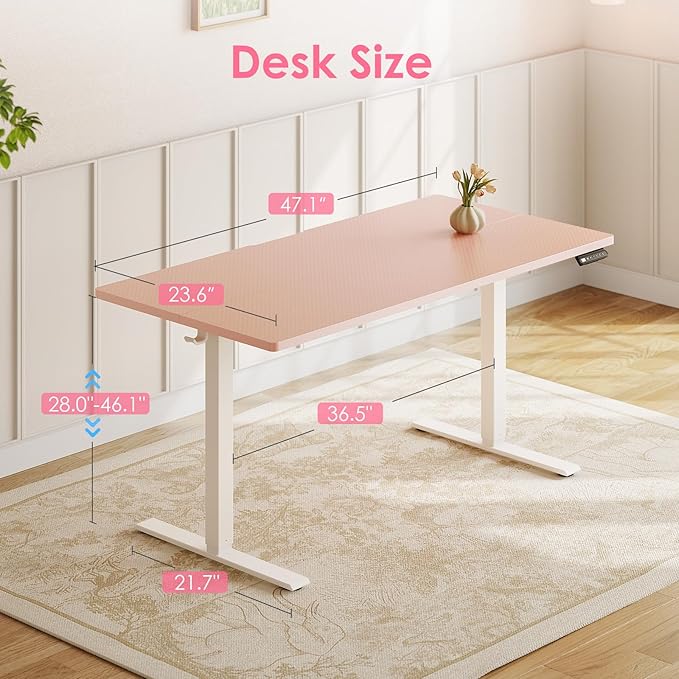 OffiGo Electric Height Adjustable Standing Desk 48 Inch Pink Computer Desk for Women Girls Sit Stand Table for Home Office Bedroom