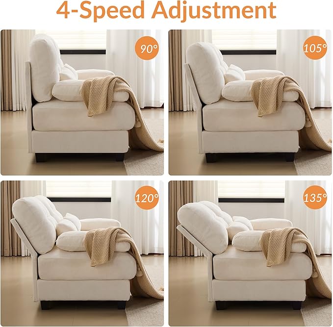 93 3+1 Seater Sofa with Ottoman - 4-Position Adjustable Backrest 350lb/Seat Soft Chenille Fabric 3 Throw Pillows Easy Assembly (Beige)