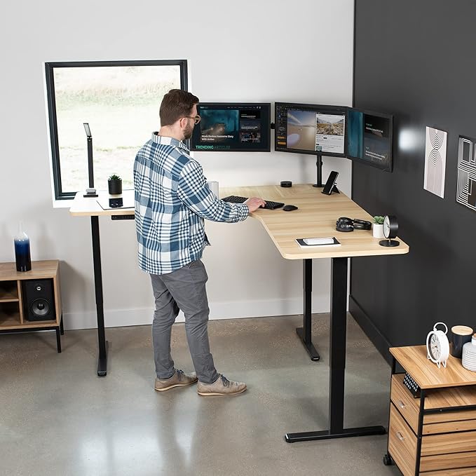 VIVO Electric Height Adjustable 71 x 71 inch Curved Corner Stand Up Desk Light Wood Table Top Black Frame Memory Controller L-Shaped Workstation E3C Series DESK-KIT-E3CBC