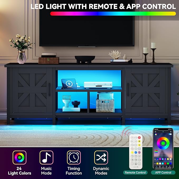 YITAHOME TV Stand with LED Lights &amp Charging Station Farmhouse Entertainment Center with Storage Cabinets &amp Shelves Cross-Pattern Doors Fits TVs up to 70'' TV Consoles for Living Room Bla